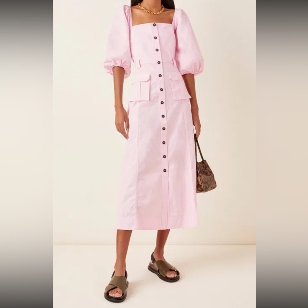 Ganni Ripstop Pink Puff Sleeve Midi Dress 34